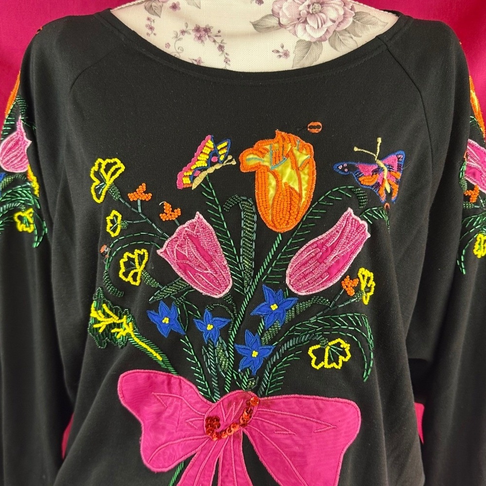 Vintage Beaded‎ Sequin Embroidered Applique Floral Black Sweatshirt L  Dopamine